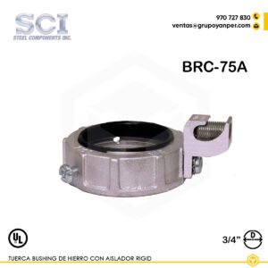 Alt text: Tuerca bushing BRC-75A de 3/4" en hierro maleable zincado con aislador de aluminio.