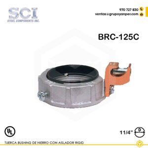 Alt text: Tuerca bushing BRC-125C de 1-1/4" en hierro maleable zincado con aislador de cobre.