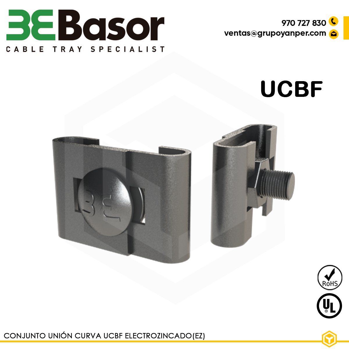 UNIÓN-CURVA-UCBF-BASOR Unión curva UCBF 205059 para bandeja rejilla BASORFIL, accesorio electrozincado (EZ) para conexiones en curva, peso de 0,07 kg/m.