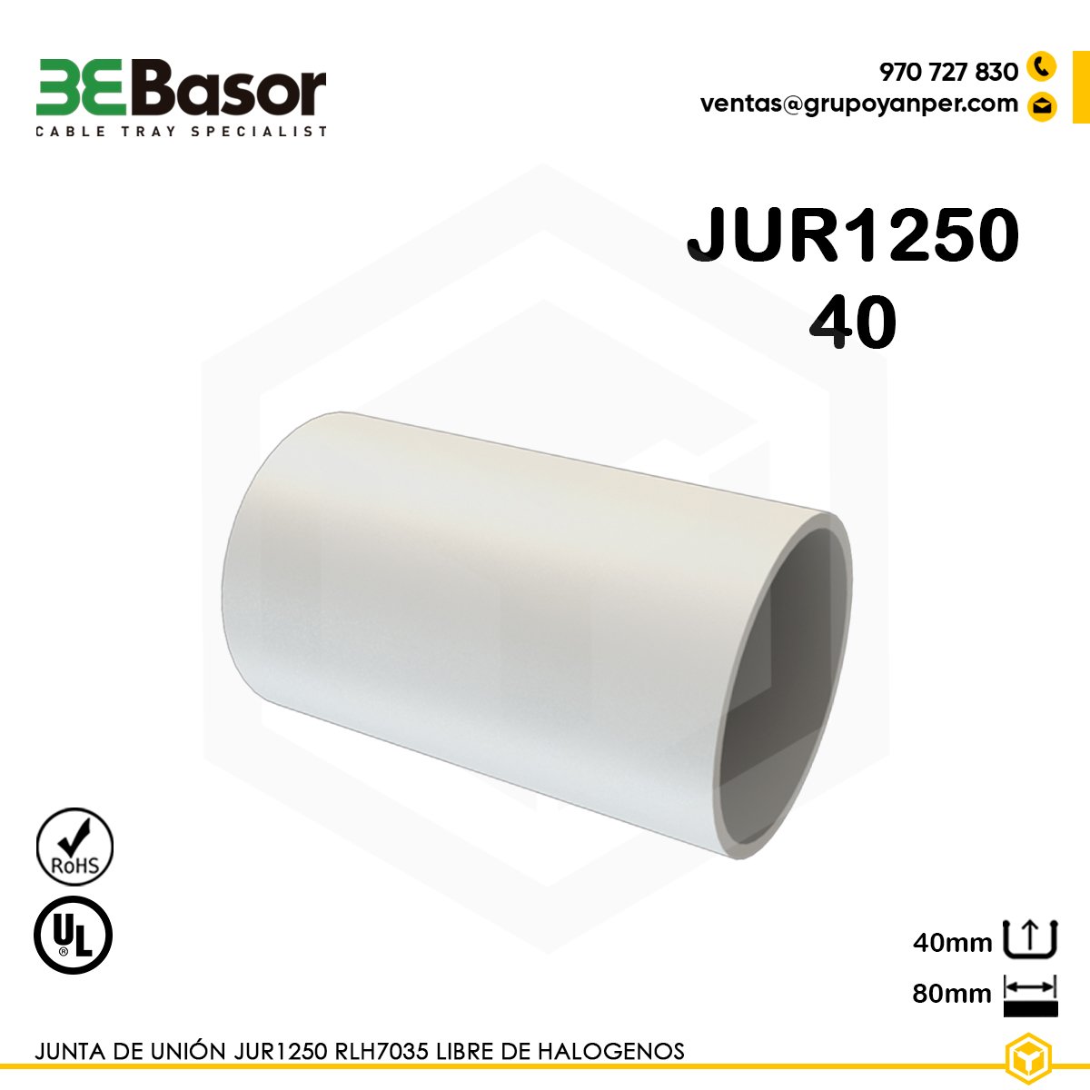 UNIÓN-JUR1250-40-BASOR Alt text: Unión JUR1250 40×80 mm en PVC RLH7035 libre de halógenos, referencia 206736, peso 0,028 kg.