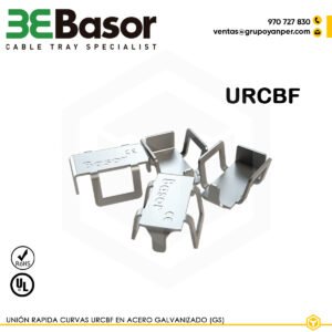 Unión rápido curvas URCBF GS Ref. 226134, accesorio en acero galvanizado (GS) para unir tramos de bandeja rejilla en curva, montaje rápido sin tornillos.