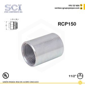Alt text: Unión rígida RCP150 de 1-1/2" en acero zincado para conduit rígido e IMC.