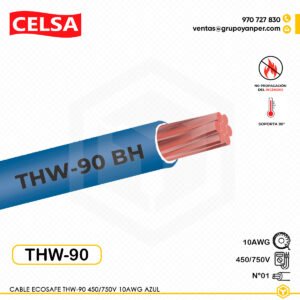 Cable CELSA Ecosafe THW-90 10AWG azul 450/750V, conductor de cobre con aislamiento termorresistente.