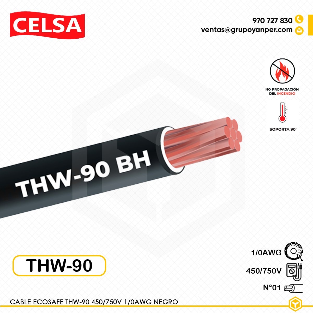 CABLE-THW-90-NEGRO-1-0AWG Cable CELSA Ecosafe THW-90 1/0AWG negro 450/750V, cobre electrolítico con aislamiento PVC libre de halógenos.