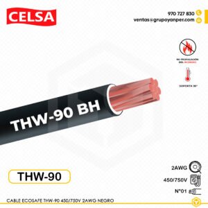 Cable CELSA Ecosafe THW-90 2AWG negro 450/750V, cobre electrolítico y PVC ecológico.