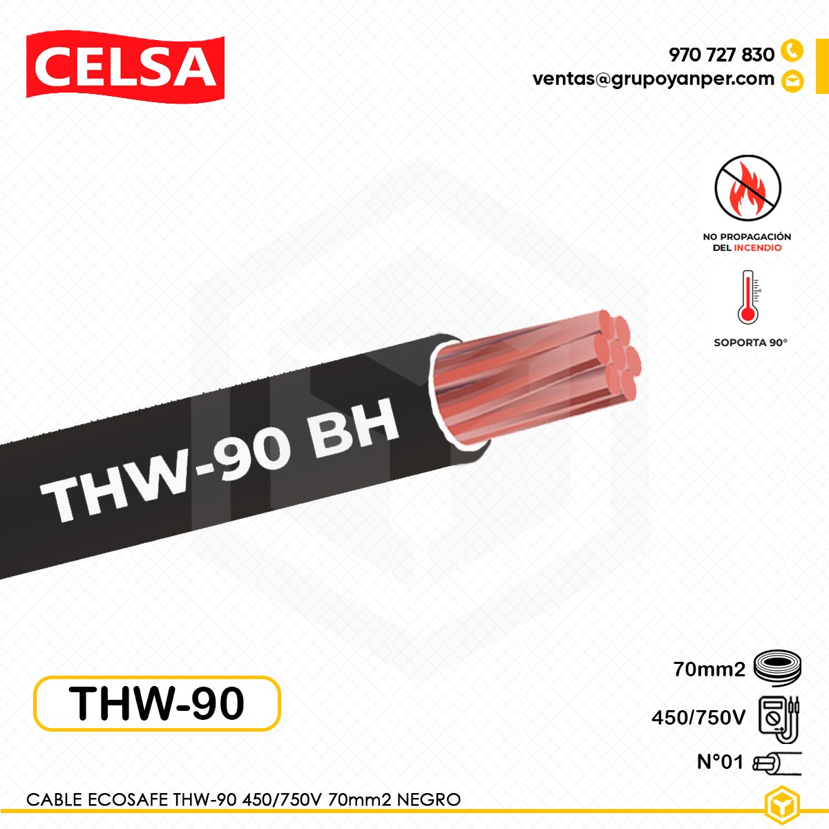 CABLE-THW-90-NEGRO-70mm2 Cable CELSA Ecosafe THW-90 70mm² negro 450/750V, aislamiento de PVC de baja emisión de humo.