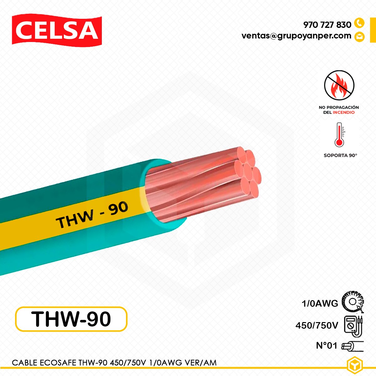 CABLE-THW-90-VER-AM-1-0AWG Cable CELSA Ecosafe THW-90 1/0AWG verde-amarillo 450/750V, cobre clase 2 con aislamiento ecológico.
