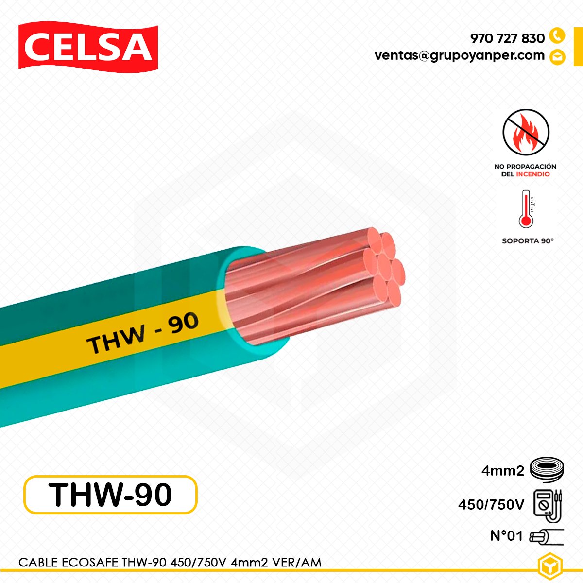 CABLE-THW-90-VER-AM-4mm2 Cable CELSA Ecosafe THW-90 4mm² verde-amarillo 450/750V, conductor de cobre con recubrimiento libre de halógenos.