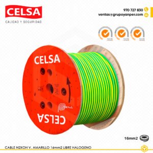 Alt text: Cable CELSA N2XOH unipolar bicolor 1x16 mm² verde-amarillo libre de halógenos.