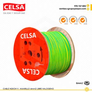 Alt text: Cable CELSA N2XOH unipolar bicolor 1x6 mm² verde-amarillo libre de halógenos.