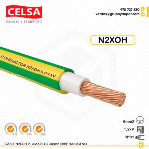 Alt text: Cable CELSA N2XOH unipolar bicolor 1x6 mm² verde-amarillo libre de halógenos.