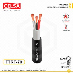 Cable vulcanizado CELSA TTRF-70 3x8AWG, 300/500V, conductor de cobre flexible con aislamiento y cubierta PVC, resistente a la abrasión y libre de plomo.