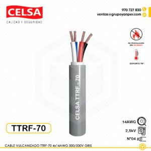 Cable vulcanizado CELSA TTRF-70 4x14AWG, 300/500V, conductor de cobre flexible con aislamiento y cubierta PVC, resistente a la abrasión y libre de plomo.
