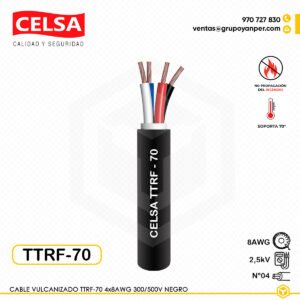 Cable vulcanizado CELSA TTRF-70 4x8AWG, 300/500V, conductor de cobre flexible con aislamiento y cubierta PVC, resistente a la abrasión y libre de plomo.