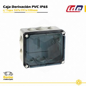 Caja de derivación IDE de PVC IP65 167×191×100 mm con tapa transparente y conos para instalaciones eléctricas de superficie.