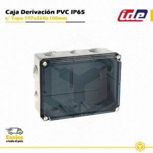 Caja de derivación IDE de PVC IP65 197×260×100 mm con tapa transparente y conos para instalaciones eléctricas de superficie.