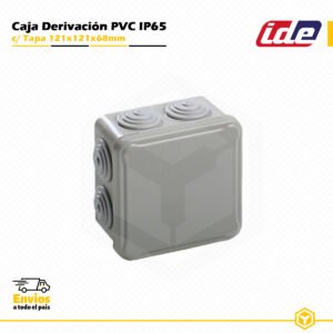 Caja de derivación cuadrada IDE de PVC IP65 121x121x68 mm con tapa opaca y conos, ideal para instalaciones eléctricas de superficie con alta protección.