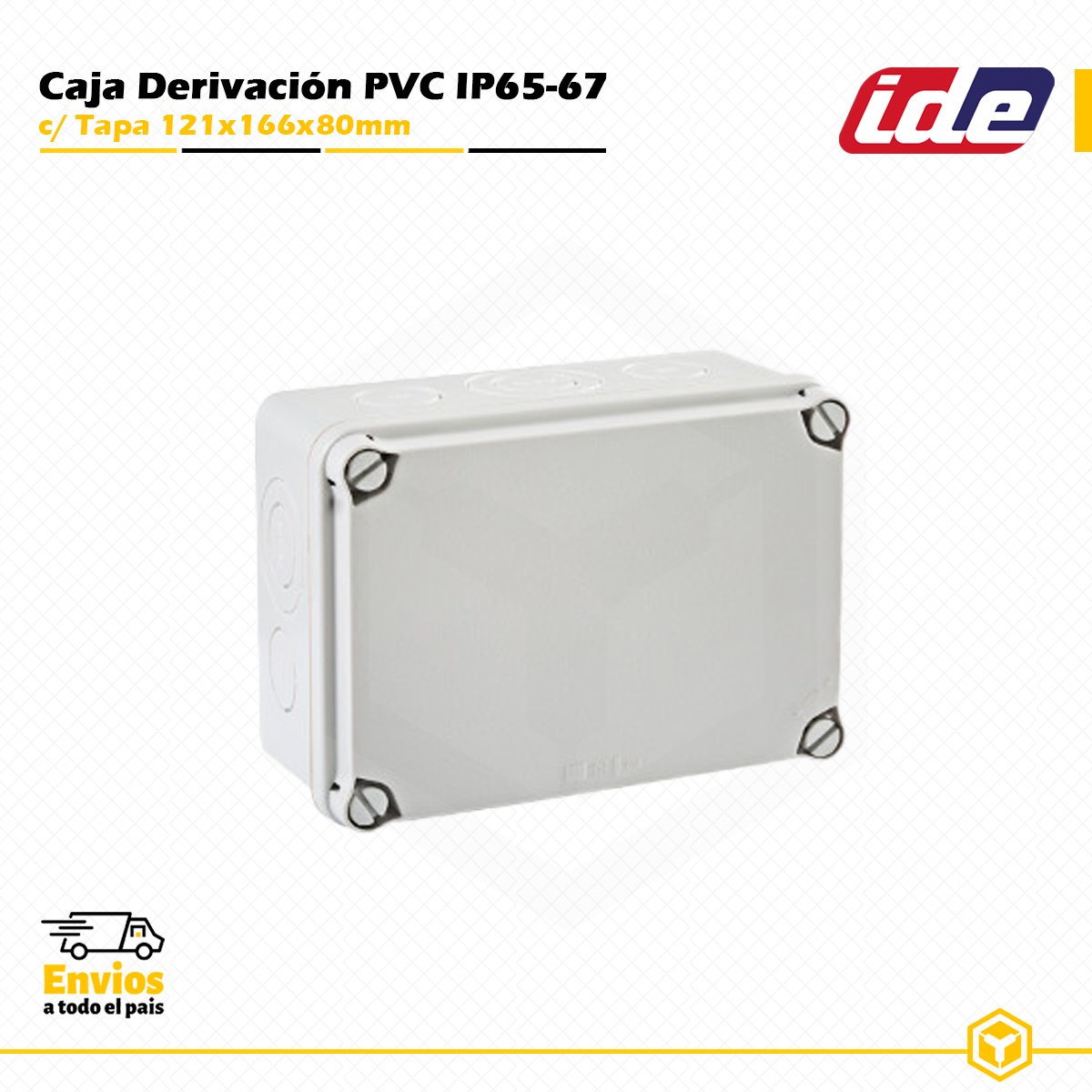 CAJA-DERIVACIÓN-RECTANGULAR-PVC-121X166X80MM Caja de derivación IDE de PVC IP65-IP67 121 × 166 × 80 mm con tapa y entradas pretroqueladas para instalaciones eléctricas de superficie.