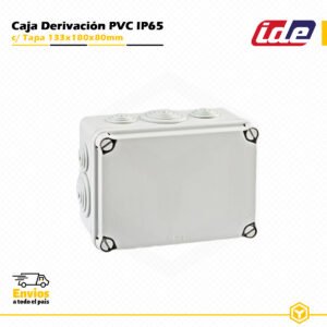 Caja de derivación IDE de PVC IP65-IP67 133x180x80 mm con tapa y conos, diseñada para instalaciones eléctricas de superficie con alta protección.