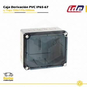 Caja de derivación IDE de PVC IP65-IP67 155×179×100 mm con tapa transparente y entradas pretroqueladas para instalaciones eléctricas de superficie.