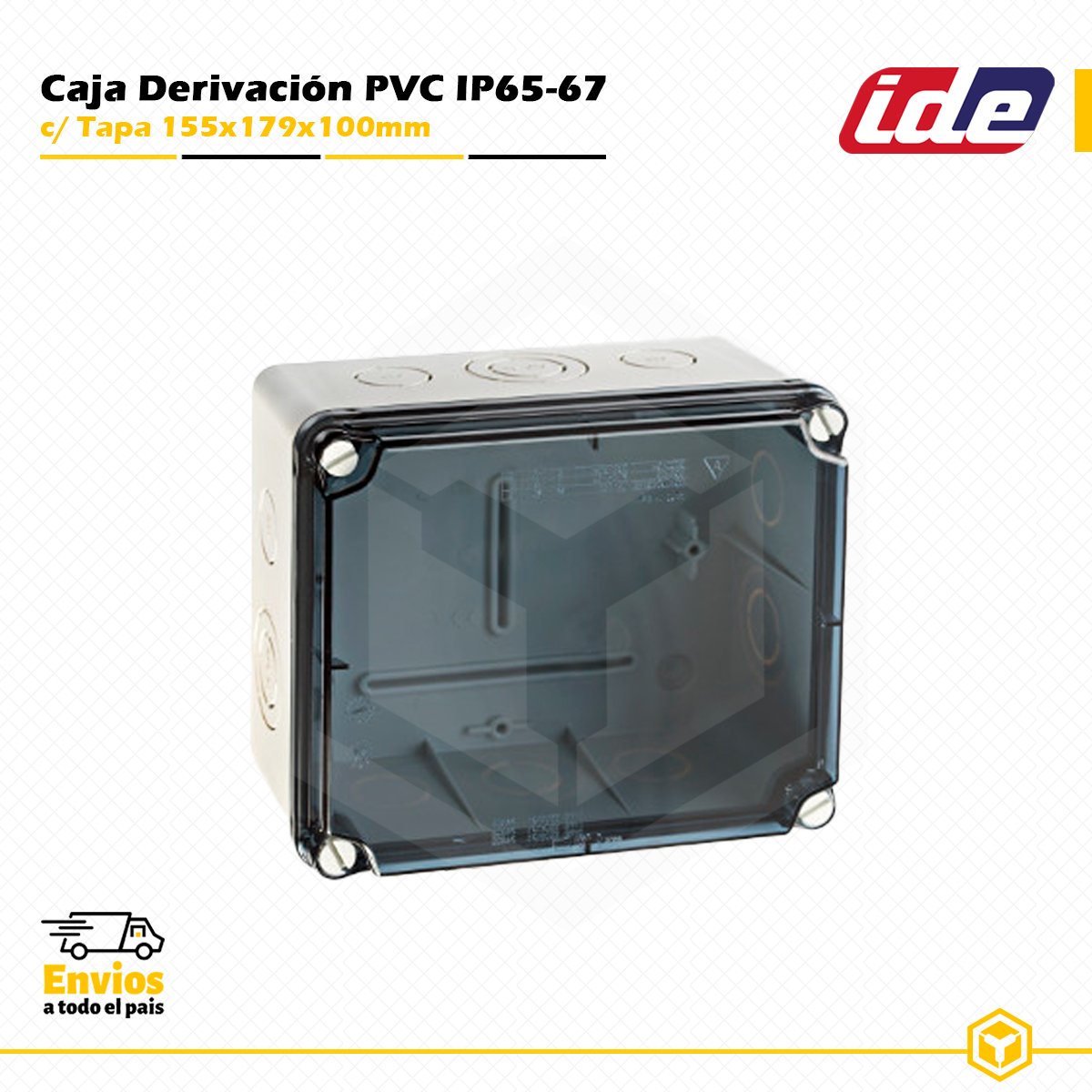 CAJA-DERIVACIÓN-RECTANGULAR-PVC-155x179x100MM Caja de derivación IDE de PVC IP65-IP67 155×179×100 mm con tapa transparente y entradas pretroqueladas para instalaciones eléctricas de superficie.