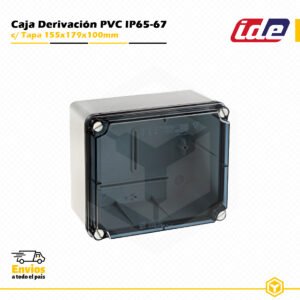 Caja de derivación IDE de PVC IP65-IP67 155×179×100 mm con tapa transparente y laterales lisos para instalaciones eléctricas de superficie.