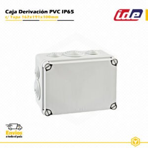 Caja de derivación IDE de PVC IP65 167x191x100 mm con tapa y conos para instalaciones eléctricas de superficie.