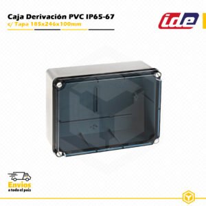 Caja de derivación IDE de PVC IP65-IP67 185×246×100 mm con tapa transparente y laterales lisos para instalaciones eléctricas de superficie.