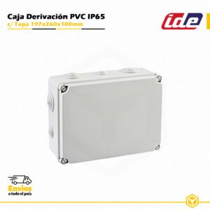 Caja de derivación IDE de PVC IP65 197x260x100 mm con tapa y conos para instalaciones eléctricas de superficie.
