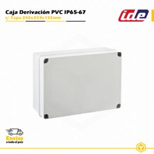 Caja de derivación IDE de PVC IP65-IP67 243 × 333 × 132 mm con tapa opaca y laterales lisos para instalaciones eléctricas de superficie.
