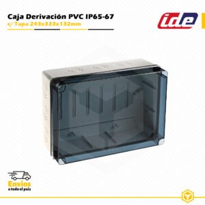 Caja de derivación IDE de PVC IP65-IP67 243×333×132 mm con tapa transparente y entradas pretroqueladas para instalaciones eléctricas de superficie.