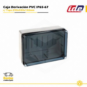Caja de derivación IDE de PVC IP65-IP67 243×333×132 mm con tapa transparente y laterales lisos para instalaciones eléctricas de superficie.