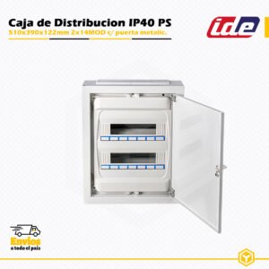 Caja de distribución IDE IP40 de 2×14 módulos con puerta metálica, instalación en superficie.