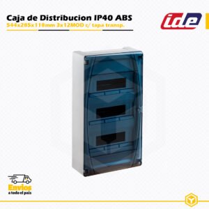 Caja de distribución IDE IP40 de 3×12 módulos con tapa transparente en ABS, instalación en superficie.