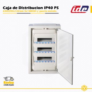 Caja de distribución IDE IP40 de 3×14 módulos con puerta metálica para instalación en superficie.
