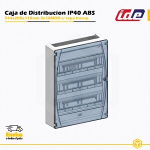 Caja de distribución IDE IP40 de 3×18 módulos con tapa opaca en ABS, instalación en superficie.