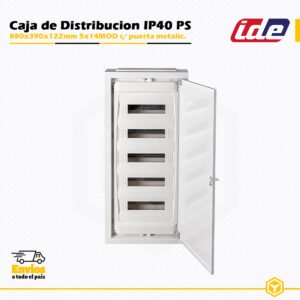 Caja de distribución IDE IP40 de 5×14 módulos con puerta metálica para instalación en superficie.