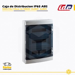 Caja de distribución IDE CDN54PT IP65 de 3×18 módulos, fabricada en ABS libre de halógenos con ventana transparente.