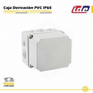 Guardamotor IDE estanco IP65 de PVC 167×191×160 mm con tapa opaca y conos, diseñado para instalaciones eléctricas de superficie.