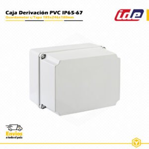 Guardamotor IDE estanco IP65-IP67 de PVC 185×246×180 mm con tapa opaca y laterales lisos, diseñado para instalaciones eléctricas industriales y de superficie.
