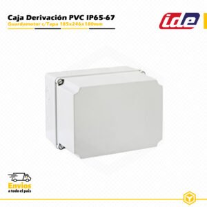 Guardamotor IDE estanco IP65-IP67 de PVC 185×246×180 mm con tapa opaca y entradas pretroqueladas, diseñado para instalaciones eléctricas industriales y de superficie.