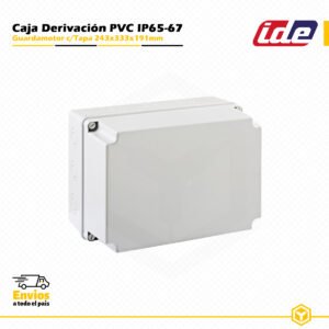 Guardamotor IDE estanco IP65-IP67 de PVC 243×333×191 mm con tapa opaca y laterales lisos, diseñado para instalaciones eléctricas industriales y de superficie.