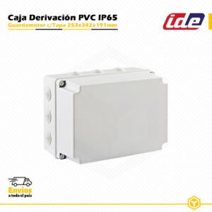 Guardamotor IDE estanco IP65 de PVC 253×342×191 mm con tapa opaca y conos, diseñado para instalaciones eléctricas industriales y de superficie.