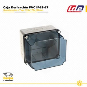 Guardamotor IDE estanco IP65-IP67 de PVC 155×179×160 mm con tapa transparente y entradas pretroqueladas, diseñado para instalaciones eléctricas industriales y de superficie.