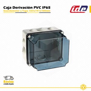 Guardamotor IDE estanco IP65 de PVC 167×191×160 mm con tapa transparente y conos, diseñado para instalaciones eléctricas industriales y de superficie.