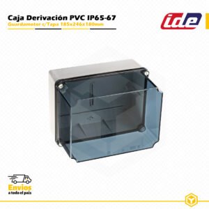 Guardamotor IDE estanco IP65-IP67 de PVC 185×246×180 mm con tapa transparente y laterales lisos, diseñado para instalaciones eléctricas industriales y de superficie.