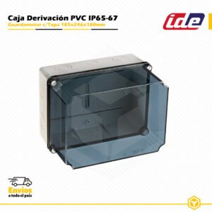 Guardamotor IDE estanco IP65-IP67 de PVC 185×246×180 mm con tapa transparente y entradas pretroqueladas, diseñado para instalaciones eléctricas industriales y de superficie.