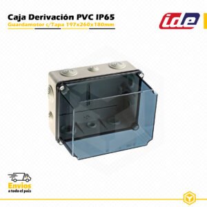 Guardamotor IDE estanco IP65 de PVC 197×260×180 mm con tapa transparente y conos, diseñado para instalaciones eléctricas industriales y de superficie.