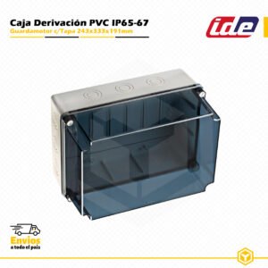 Guardamotor IDE estanco IP65-IP67 de PVC 243×333×191 mm con tapa transparente y entradas pretroqueladas, diseñado para instalaciones eléctricas industriales y de superficie.