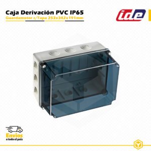 Guardamotor IDE estanco IP65 de PVC 253×342×191 mm con tapa transparente y conos, diseñado para instalaciones eléctricas industriales y de superficie.